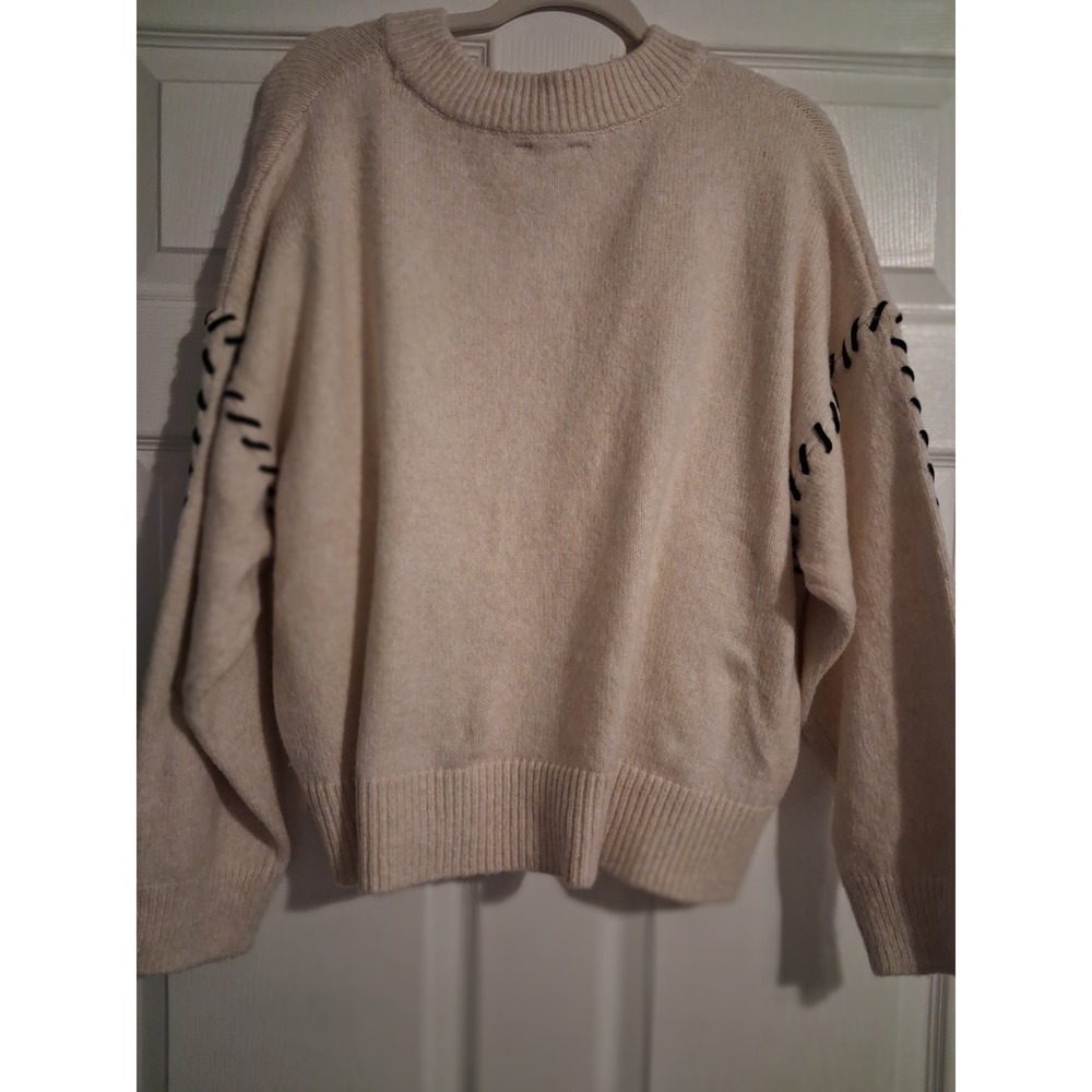 NWT Women Plus 2X Beige Cream Sweater Black Stitch Detail Long Sleeve Crewneck - Picture 6 of 11